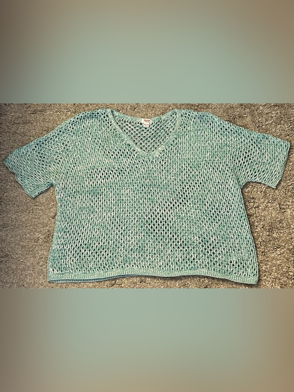 Mossimo Supply Co Women’s XXL Green/White V-Neck Netted Short Sleeve Sweater